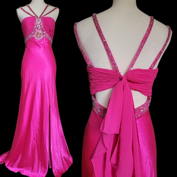 Cache Hot Pink Beaded Strappy Self-Tie Bow ClosureEvening Gown Dress Size 6